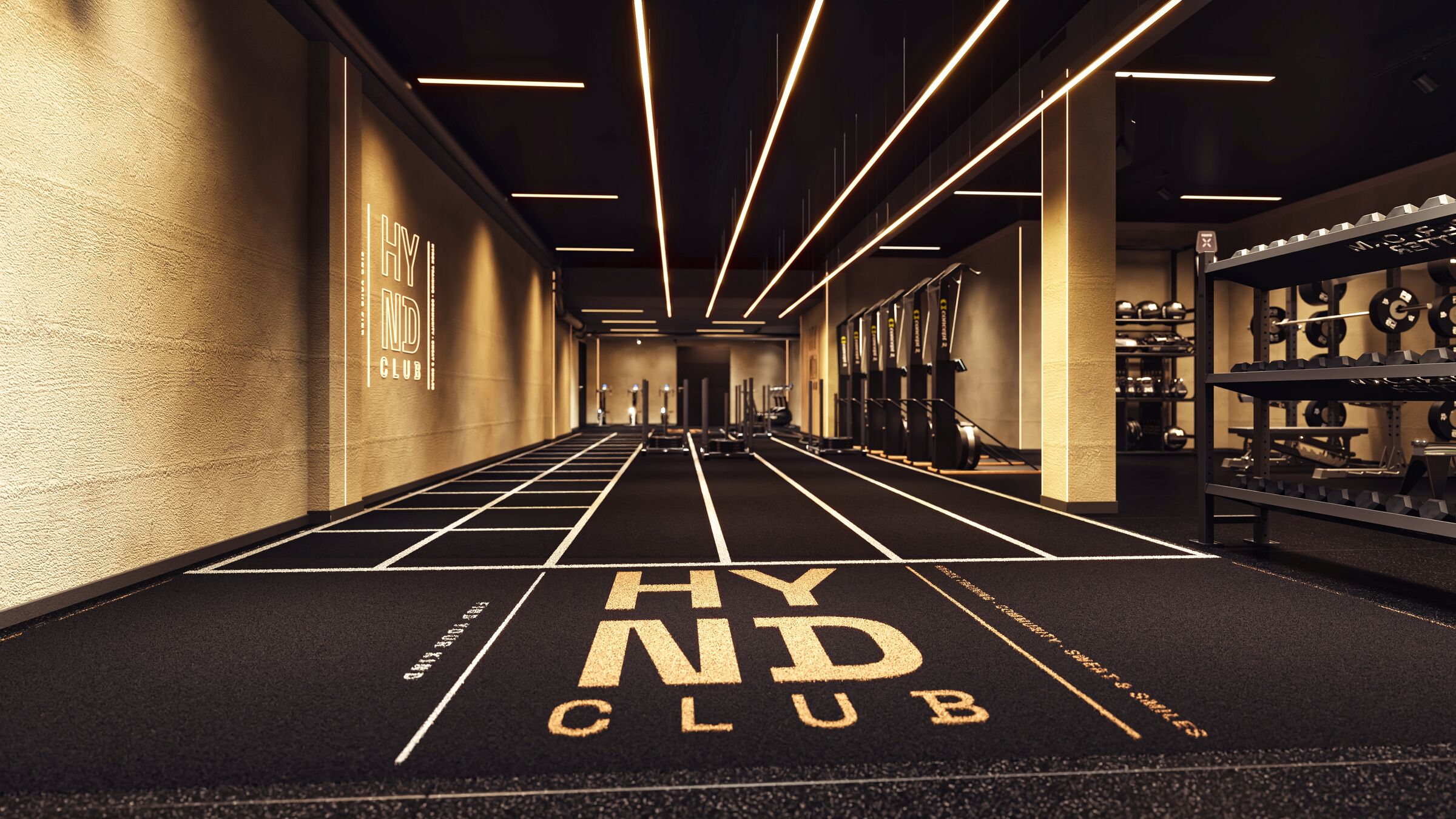 Originalvisualisierung des HYND Clubs mit Trainingsbahnen, warmen Betonwänden und goldener Beleuchtung